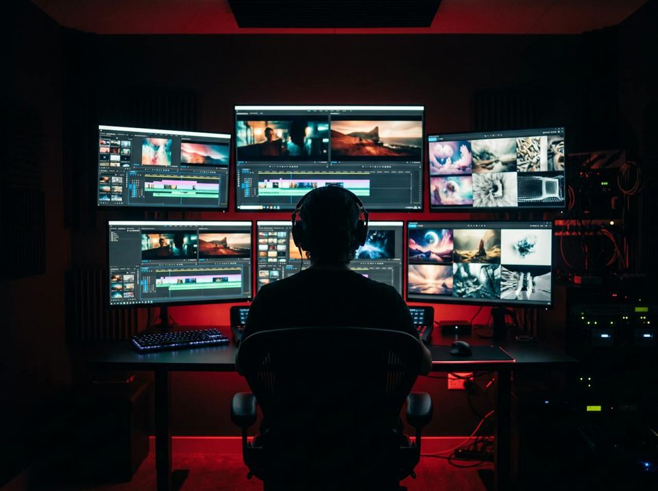 A creator in a dark edit suite surrounded by screens