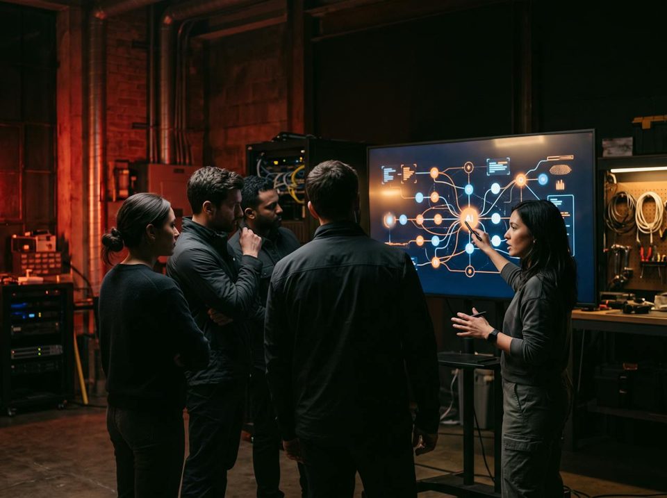 A team gathered around a screen in a workshop