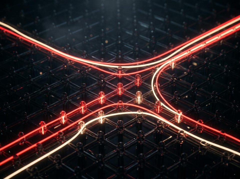 Streams of light flowing through a network of nodes