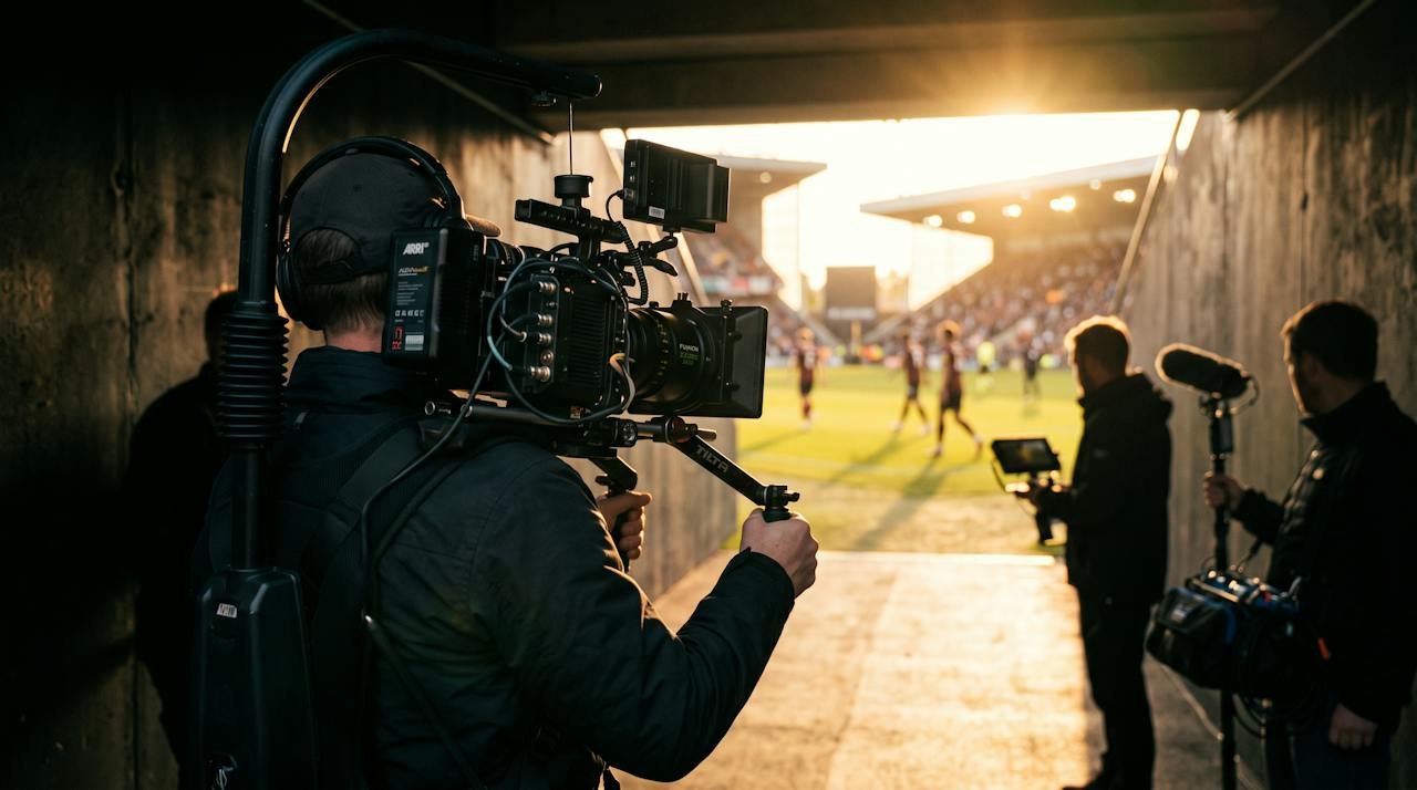A documentary crew filming in a stadium tunnel